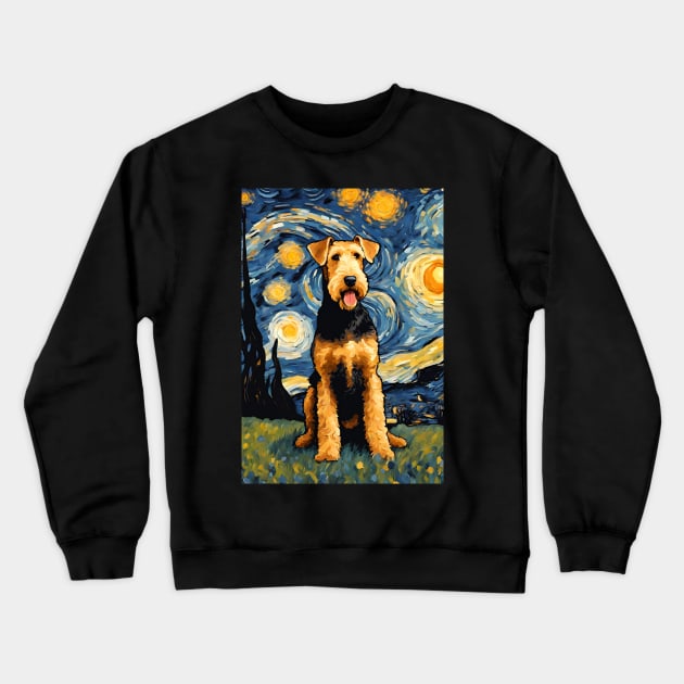 Cute Airedale Terrier Dog Breed Painting in a Van Gogh Starry Night Art Style Crewneck Sweatshirt by Art-Jiyuu